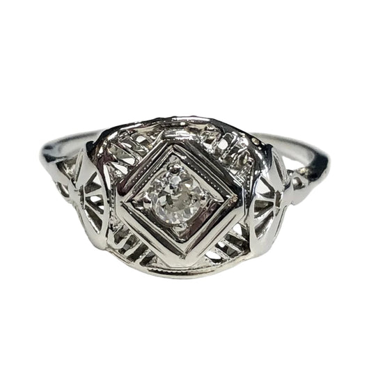 14k White Gold & Diamond Art Deco Ring