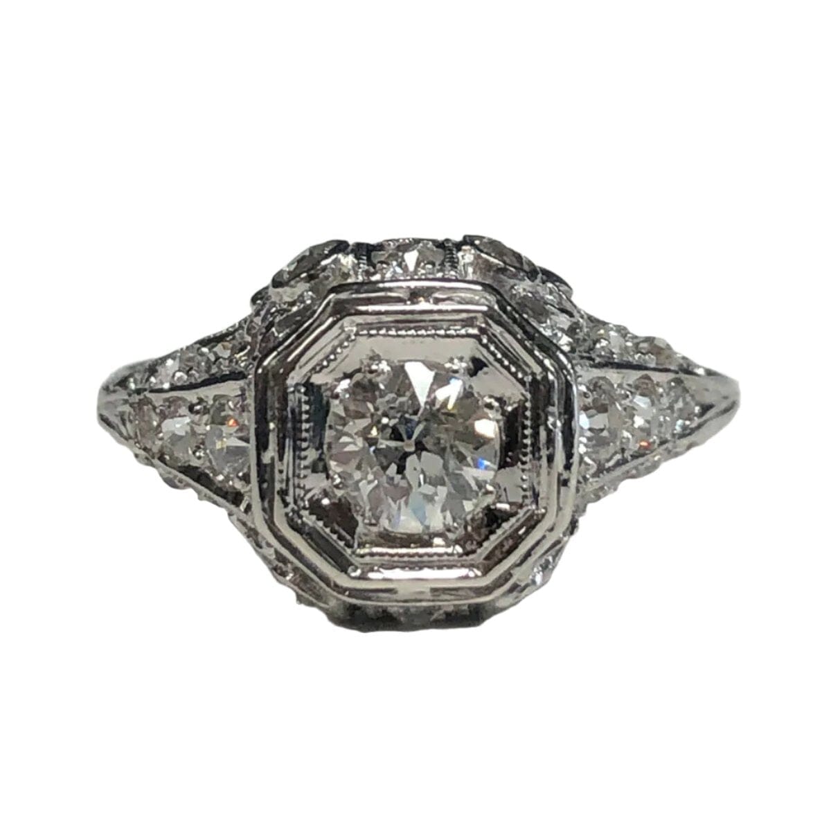 Great Lakes Coin 18k White Gold &amp; Diamond Art Deco Ring