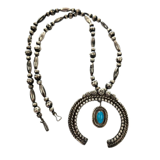 Navajo Silver & Bisbee Turquoise Squash Blossom Necklace
