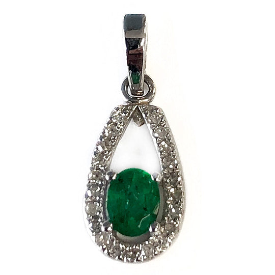 14 k White Gold Emerald & Diamond Pendant
