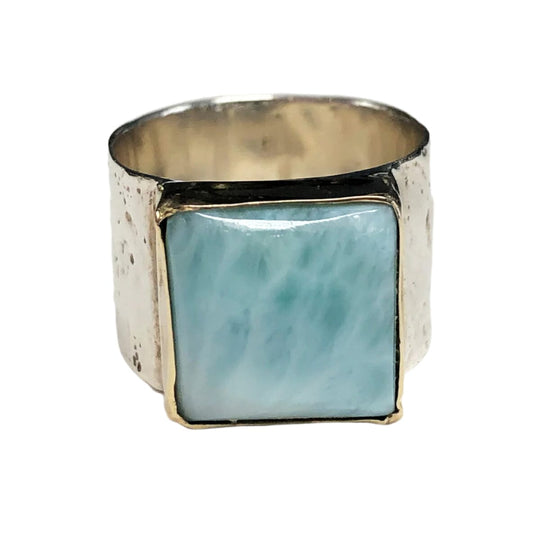 Silver & 14k Gold Larimar Hammered Signet Ring