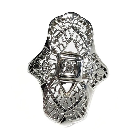 14 k White Gold & Diamond Chip Filigree Ring