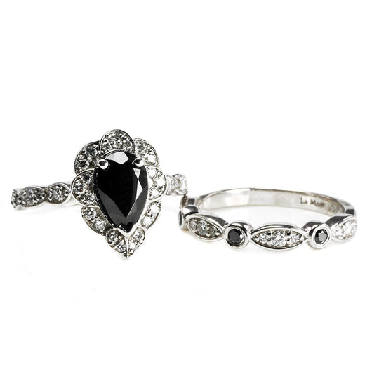 14 k White Gold Black Spinel & Diamond Ring Set