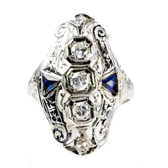 10 k White Gold Diamond & Sapphire Art Deco Ring