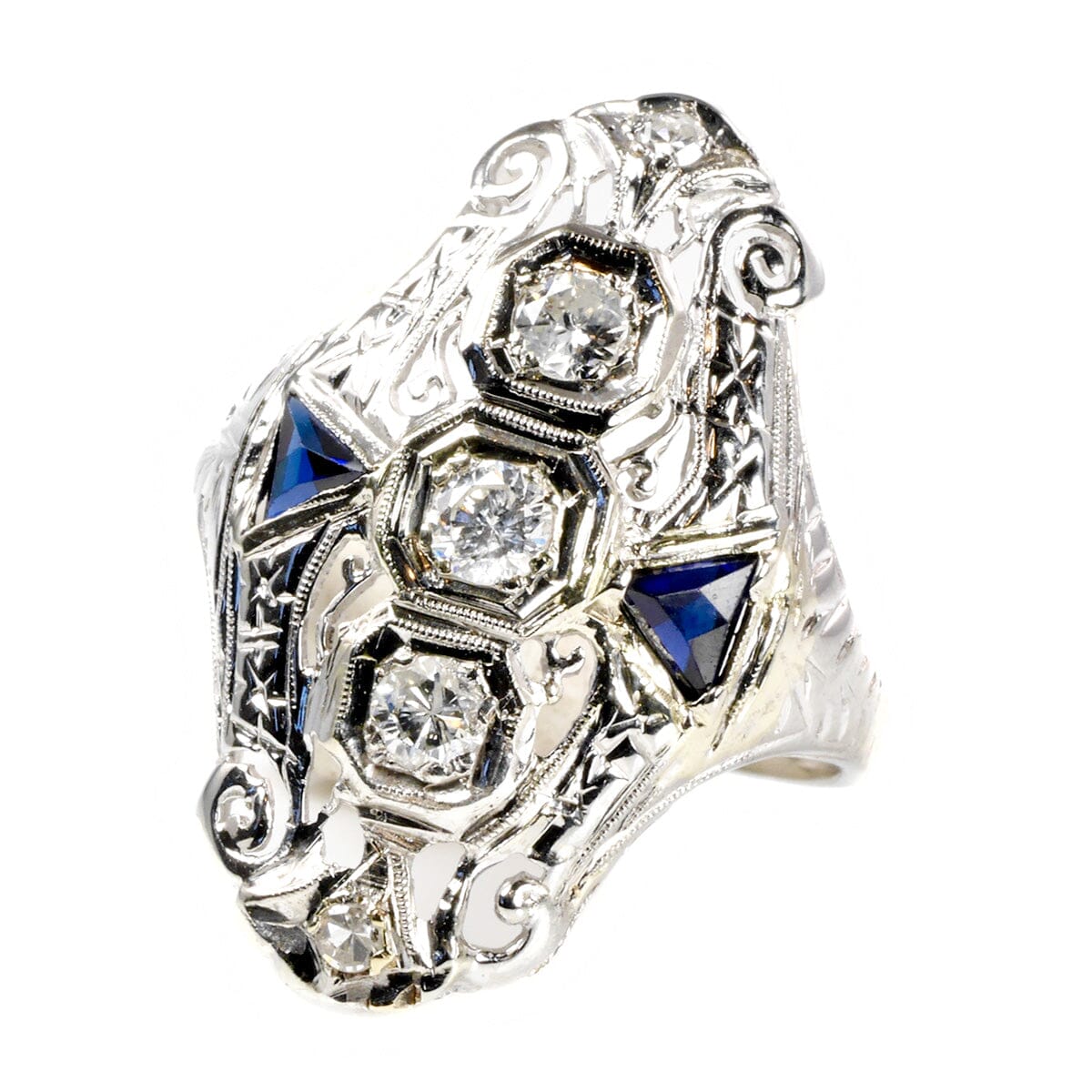 Great Lakes Boutique 10 k White Gold Diamond &amp; Sapphire Art Deco Ring
