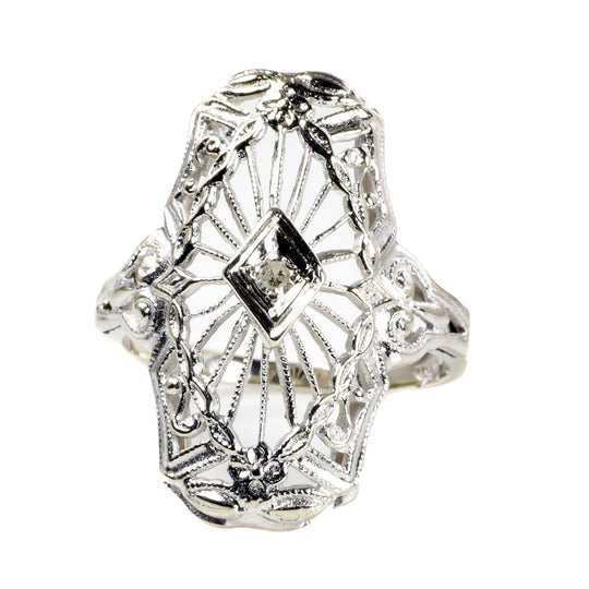 14 k White Gold Art Deco Filigree Diamond Ring