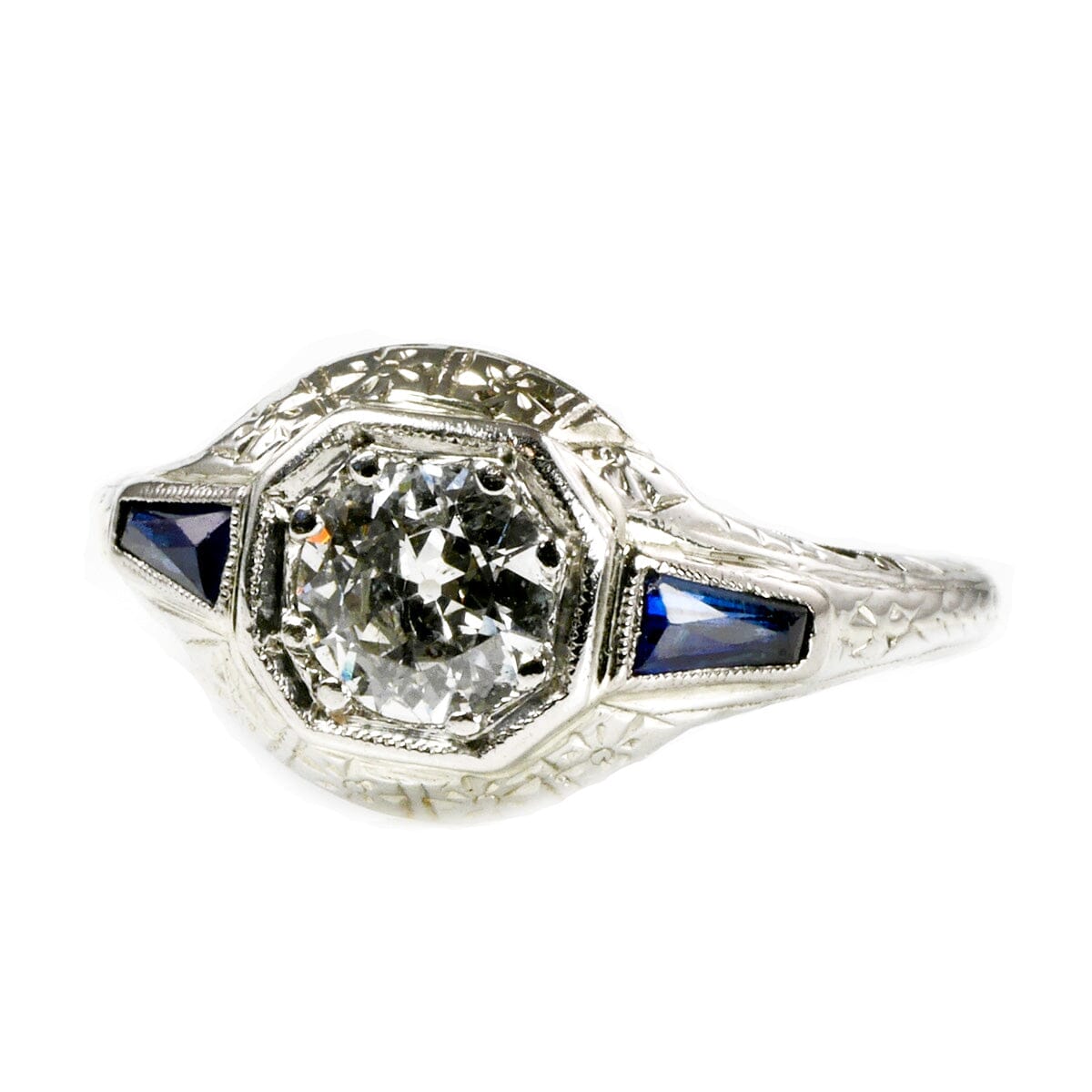 Great Lakes Boutique 18 k White Gold Diamond &amp; Sapphire Art Deco Ring
