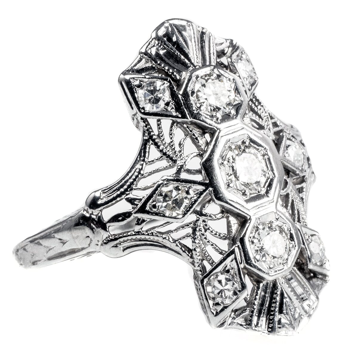 Great Lakes Boutique 18k White Gold Art Deco Filigree Diamond Ring