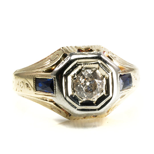 Vintage 14 k / 18 k Art Deco Diamond and Sapphire Ring