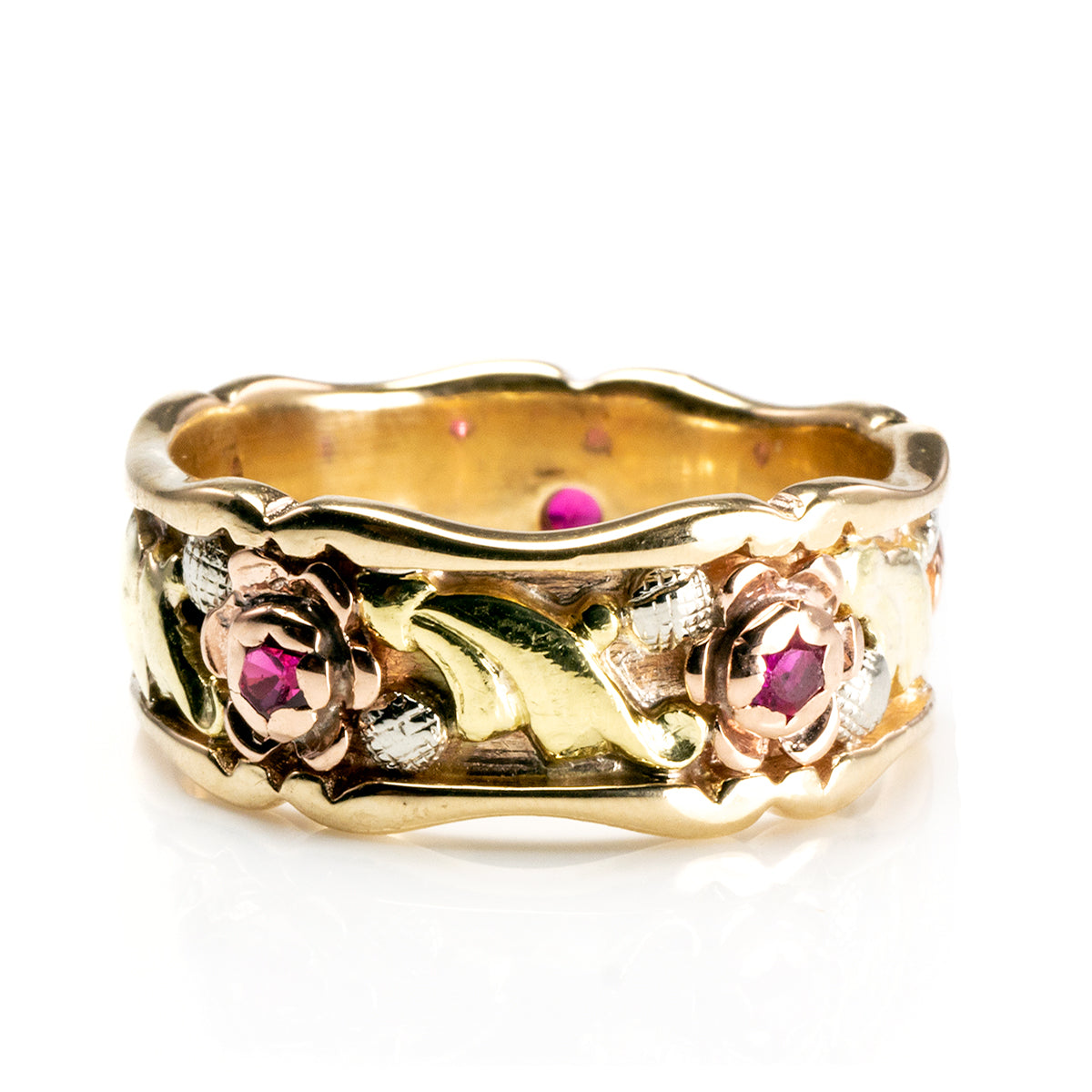 Great Lakes Boutique 14 k Tri Colored Gold Floral Band with Ruby