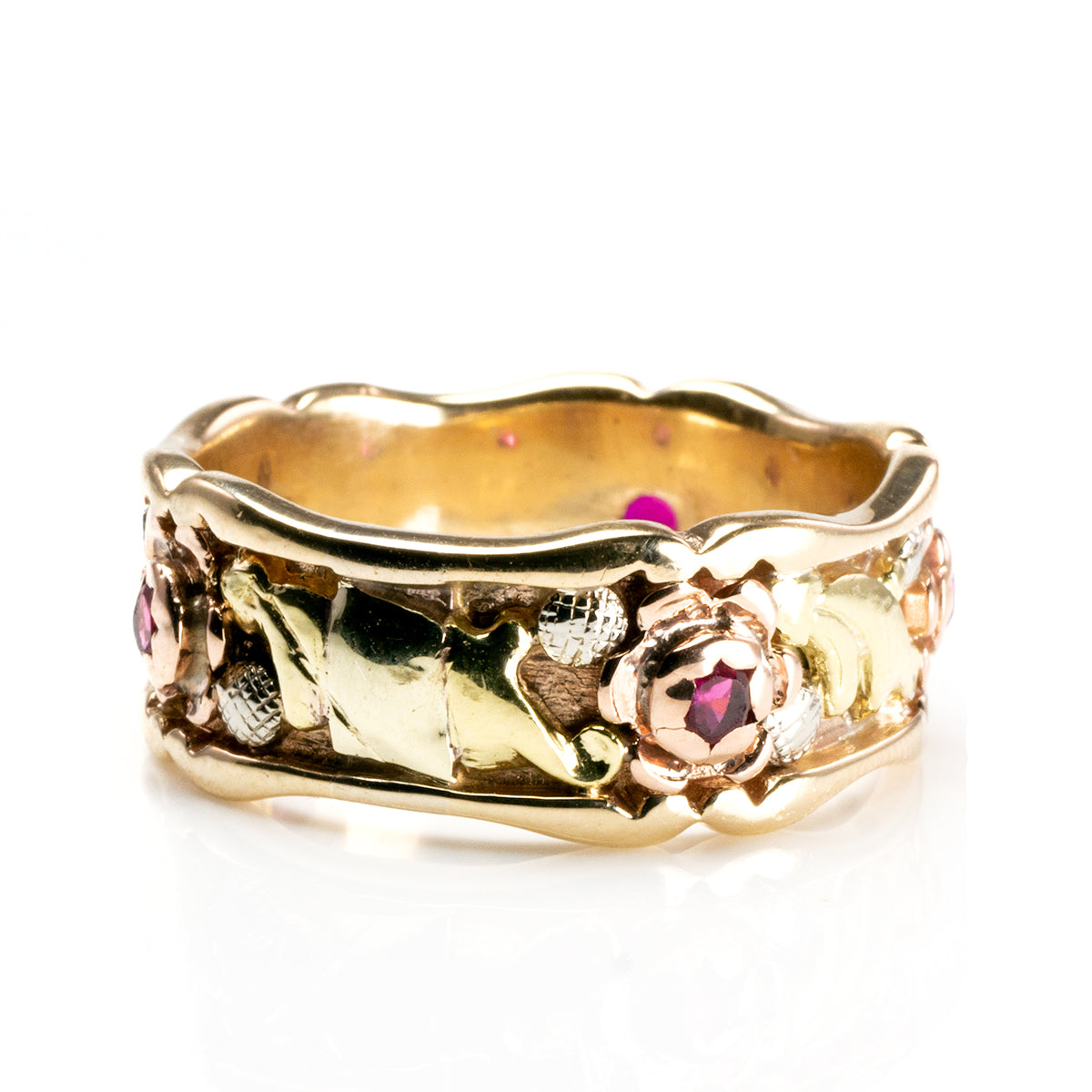 Great Lakes Boutique 14 k Tri Colored Gold Floral Band with Ruby
