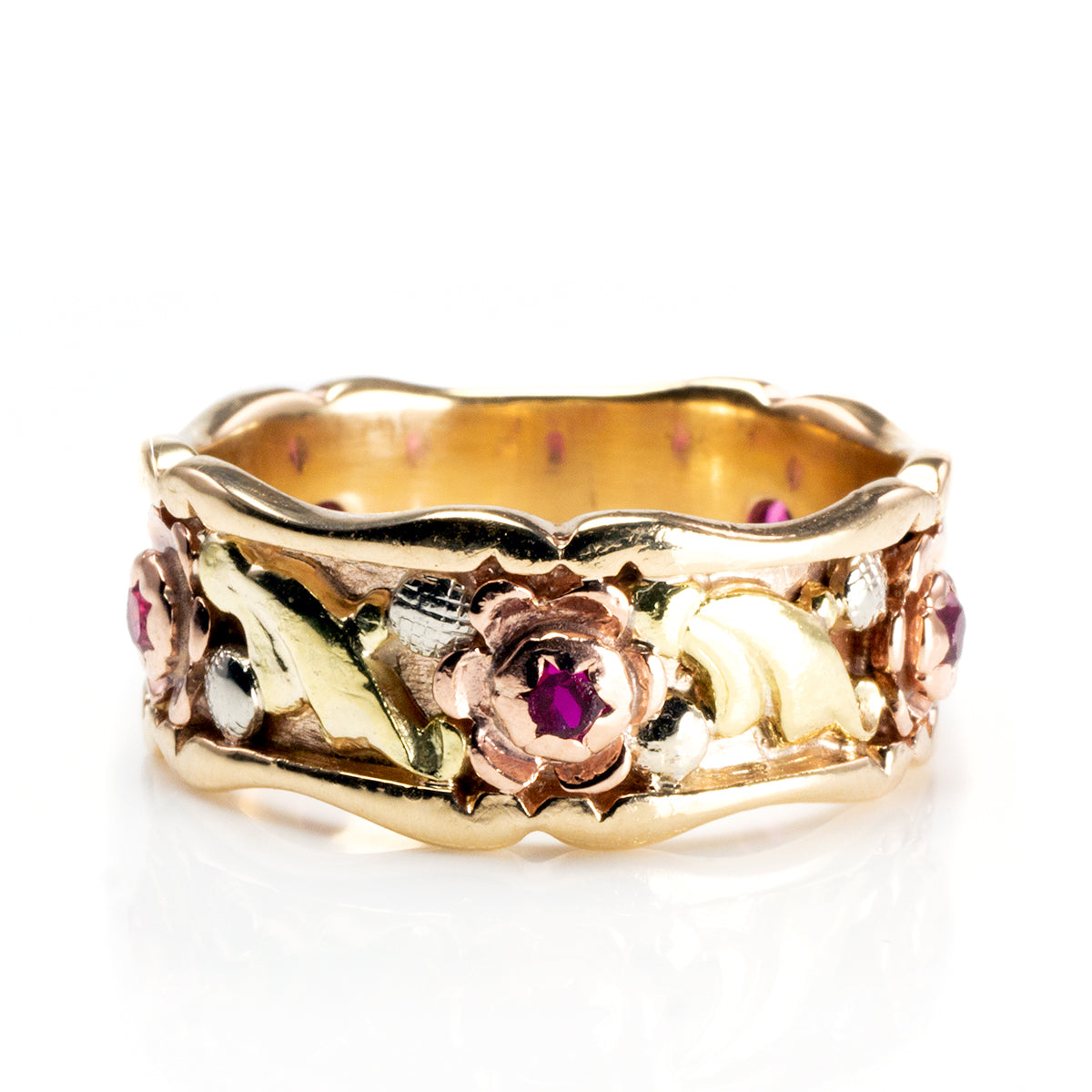 Great Lakes Boutique 14 k Tri Colored Gold Floral Band with Ruby