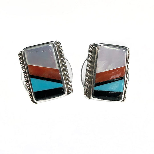 Edaaki Native American Zuni Turquoise Pearl & Coral Studs