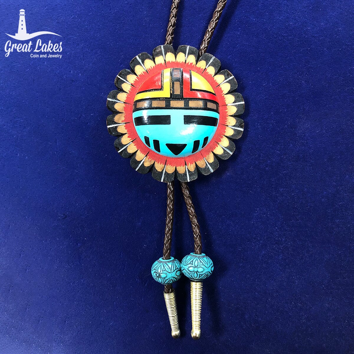Great Lakes Coin Native American Handmade Painted Wooden Bolo Tie