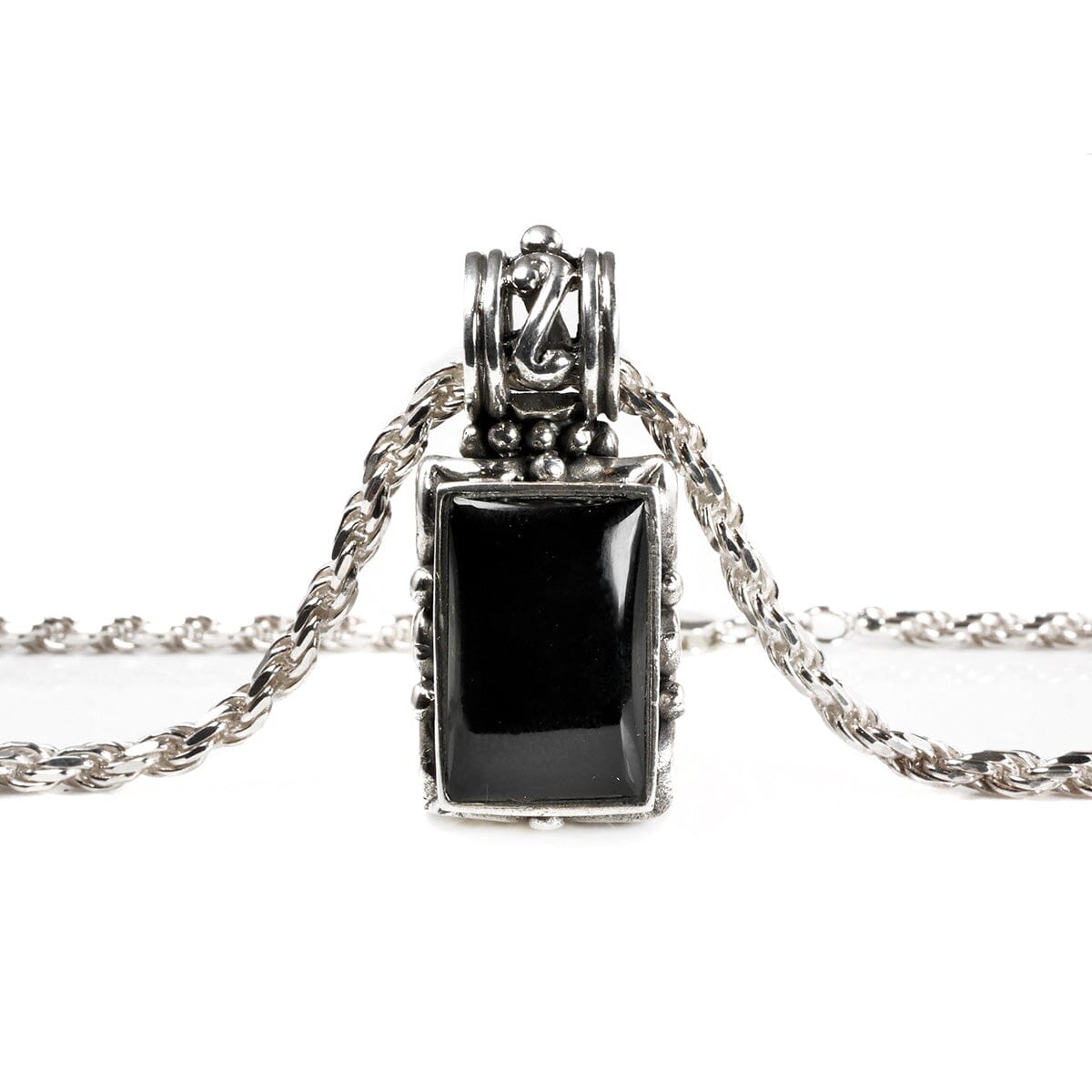 Great Lakes Boutique Silver Rope Necklace with Black Onyx Pendant