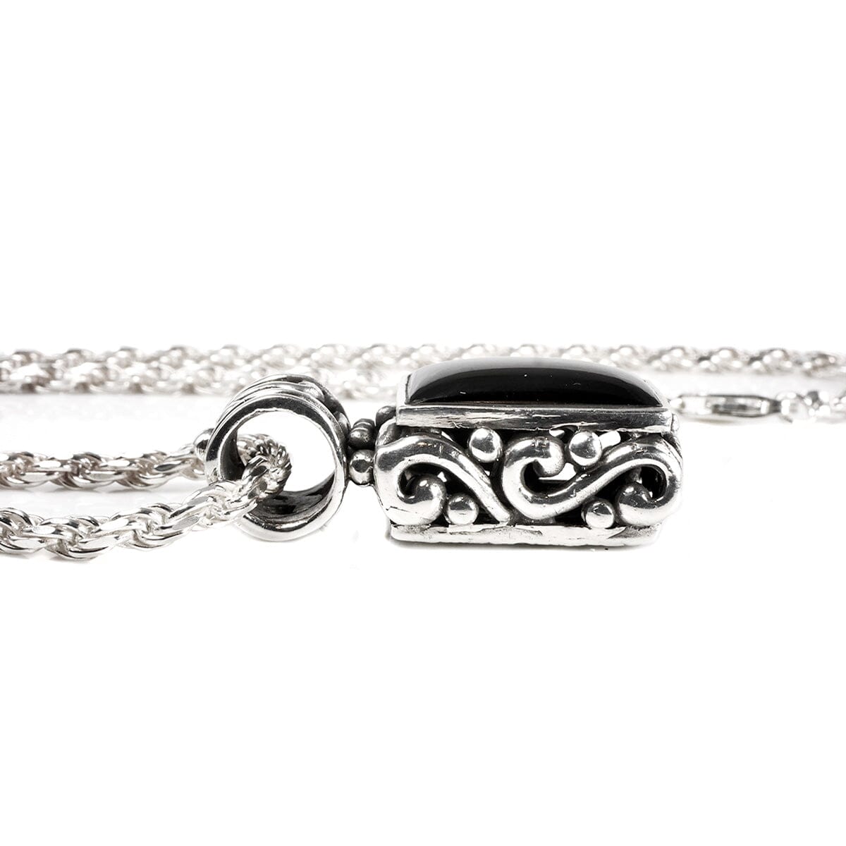 Great Lakes Boutique Silver Rope Necklace with Black Onyx Pendant