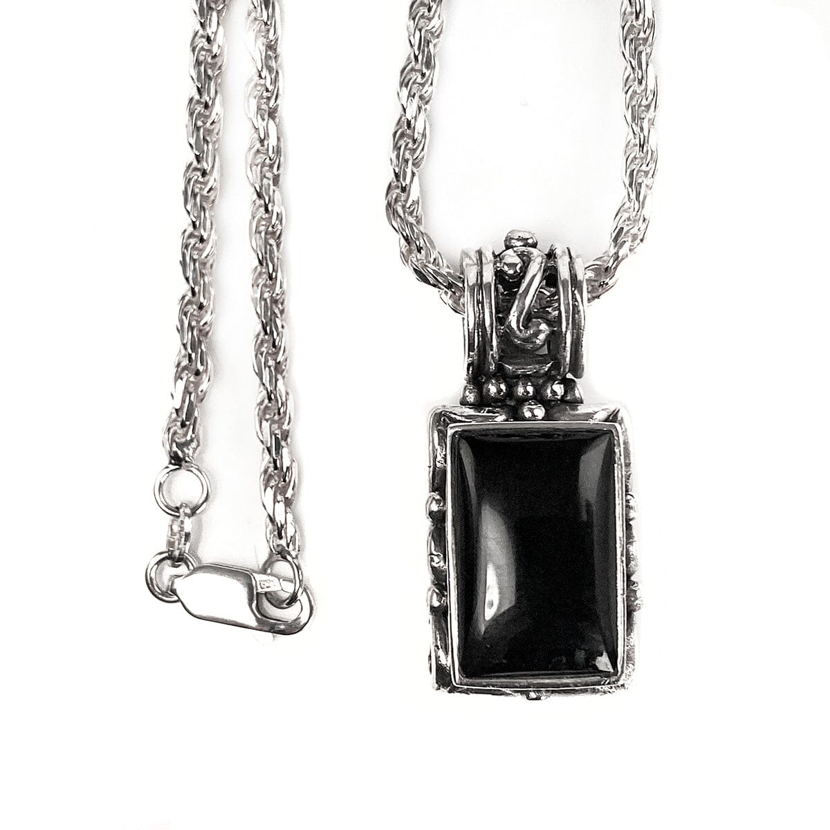 Great Lakes Boutique Silver Rope Necklace with Black Onyx Pendant