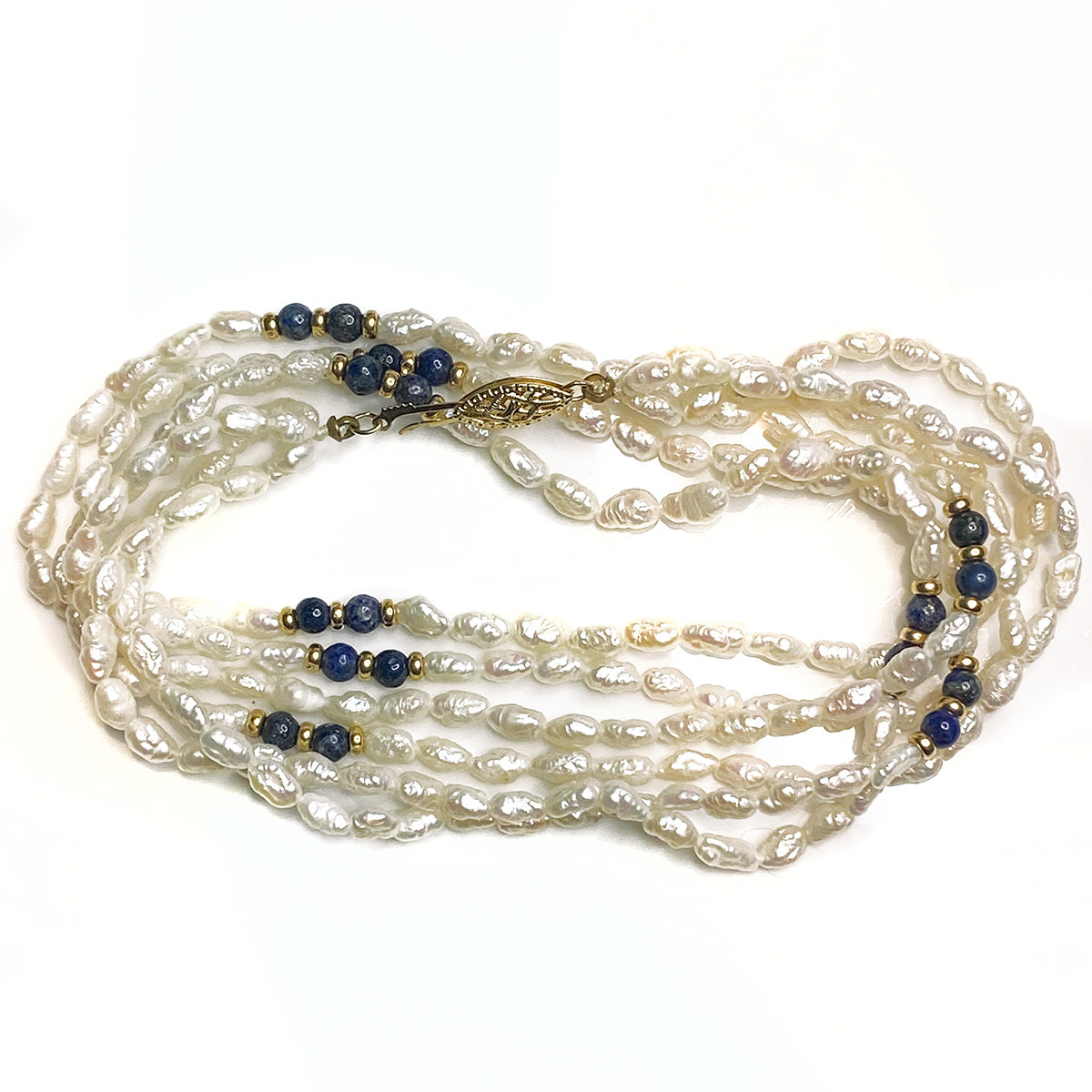 Great Lakes Boutique 14 k Yellow Gold Lapis &amp; Pearl Triple Strand Necklace