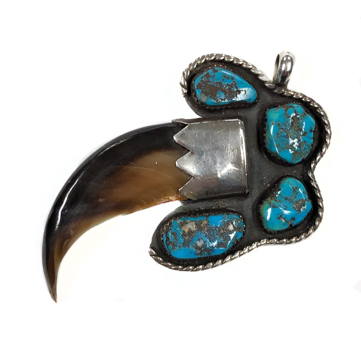 Bear claw necklace with silver and coral beads and bezel-set cabochon  turquoise stones / Woody Max Crumbo - Gilcrease Museum