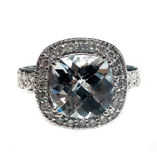 14 k White Gold Aquamarine & Diamond Halo Ring