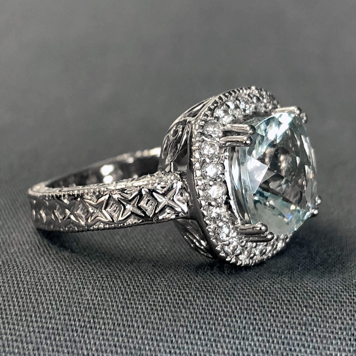 Great Lakes Coin 14 k White Gold Aquamarine &amp; Diamond Halo Ring