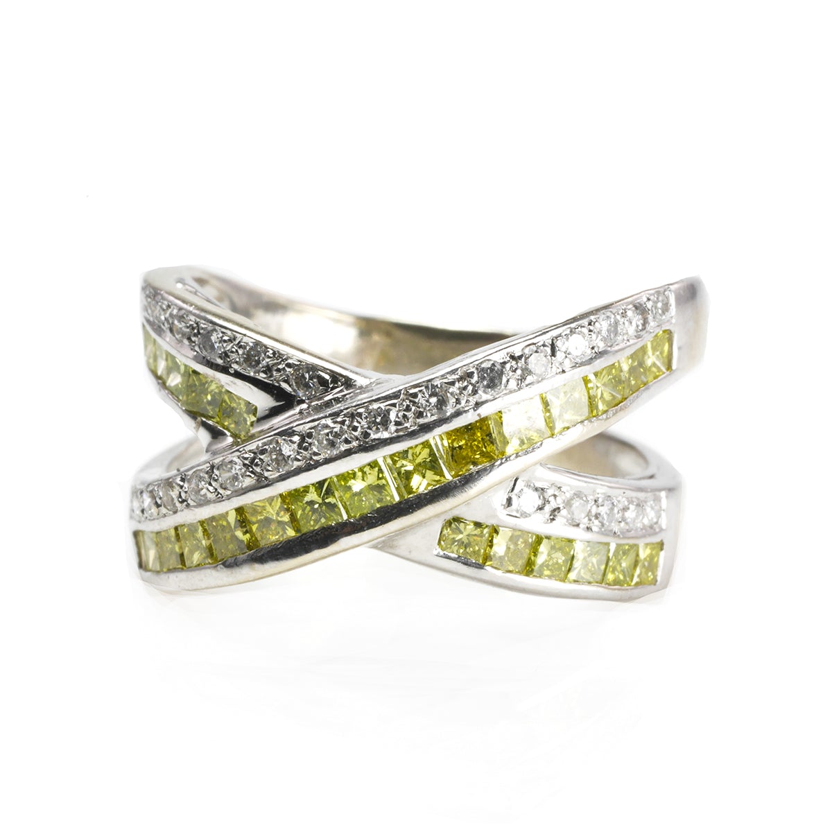 Great Lakes Boutique 14 k White Gold Yellow and White Diamond Criss Cross Ring