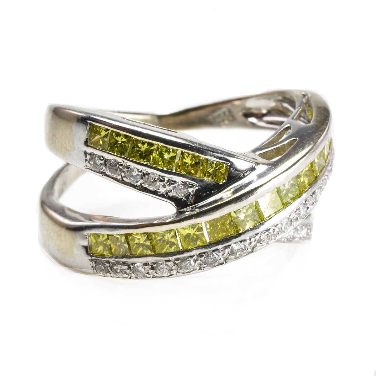 Great Lakes Boutique 14 k White Gold Yellow and White Diamond Criss Cross Ring