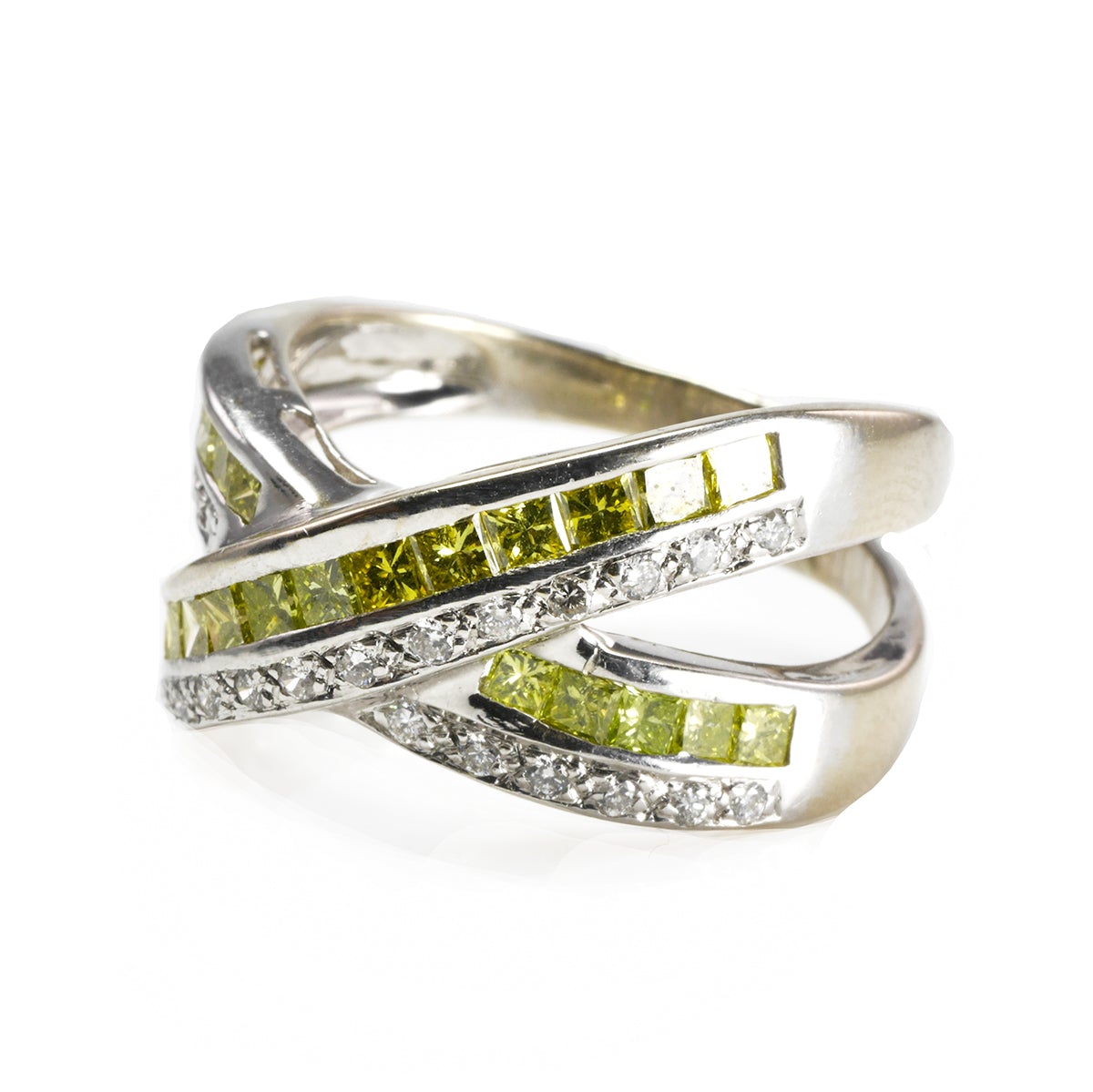 Great Lakes Boutique 14 k White Gold Yellow and White Diamond Criss Cross Ring